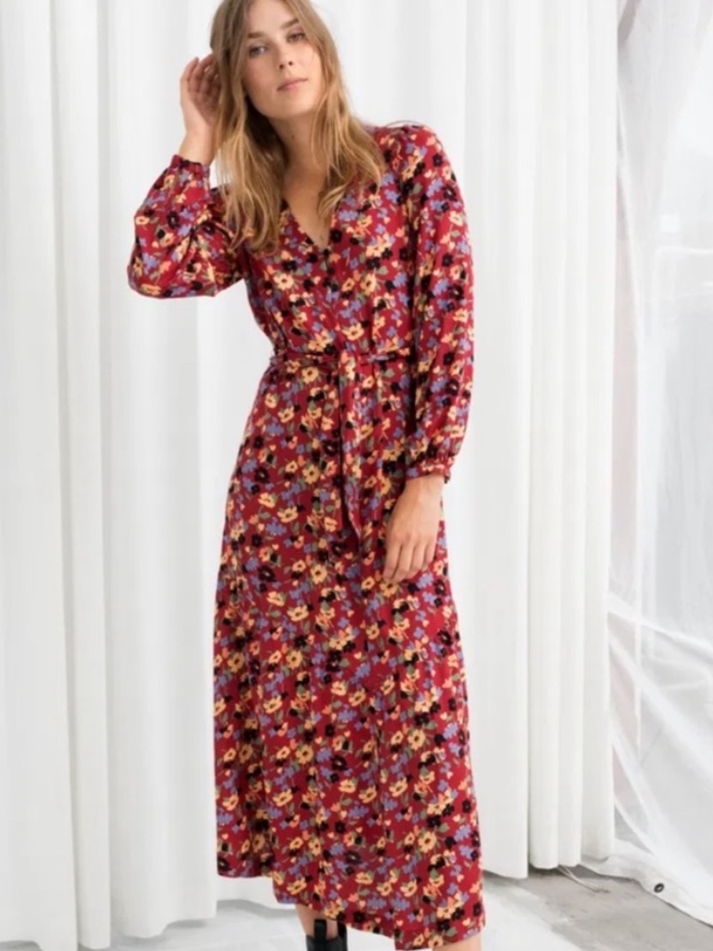 BOGO! & Other Stories Floral Midi Dress Tie Waist Red Size 4